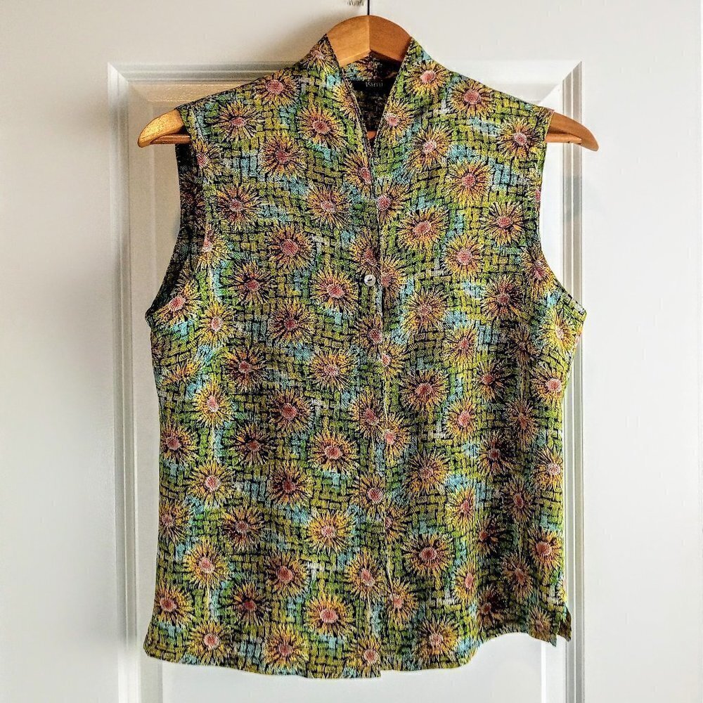 Ishyu Green Blue Yellow Pink Floral Silk Sleeveless Top